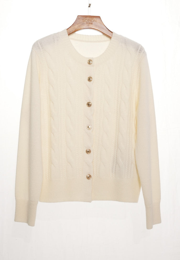 Amoer couture twist pattern cashmere sweater in cream with button-down front and delicate cable knit design