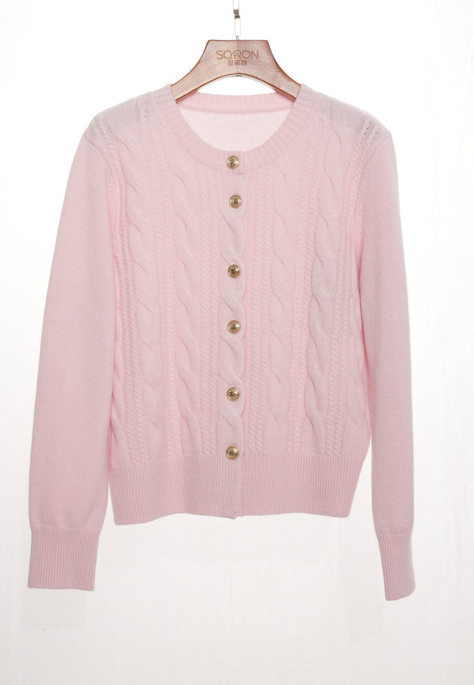 Amoer couture twist pattern cashmere sweater in soft pink with button closure and cozy design